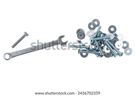 Wrench nuts and bolt isolated on white background. Top view