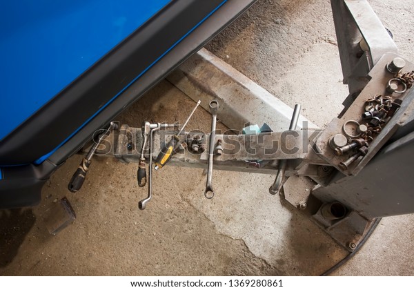 wrench and
tools for car auto repair, service
concept