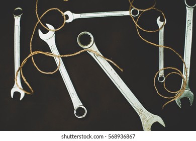 Wrenches on a brown background. Tool mechanic