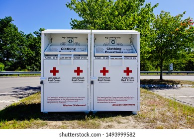 Wrentham, Massachusetts/United States -8/15/2019: American Red Cross Clothing Donation Bin In Wrentham Village Premium Outlets