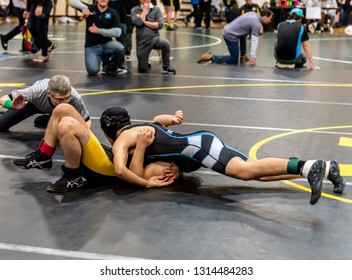 Wrestler From Buena High School Holding Ventura Athlete On His Back During Tournament At Ventura High School In California USA On February 2, 2019.