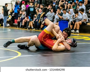 Wrestler From Buena High School Holding A Cradle On Oxnard Athlete During Tournament At Ventura High School In California USA On February 2, 2019.