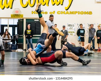 Wrestler From Buena High School Resisting A Tilt By Rio Mesa Athlete During Tournament At Ventura High School In California USA On February 2, 2019.