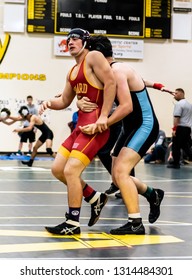 Wrestler From Oxnard High School Attempting To Break Grip Of Buena Athlete During Tournament At Ventura High School In California USA On February 2, 2019.