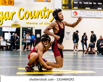 Wrestler From Rio Mesa High School Attempting An Escape On Oxnard Athlete During Tournament At Ventura High School In California USA On February 2, 2019.