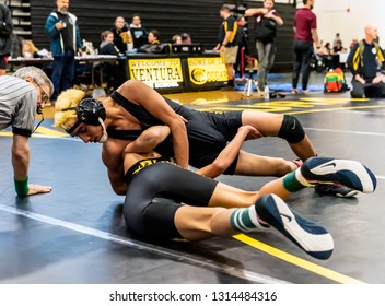 Wrestler From Rio Mesa High School Attempting A Pin On Ventura Athlete During Tournament At Ventura High School In California USA On February 2, 2019.