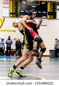 Wrestler From Ventura High School Lifting Rio Mesa Athlete Off His Feet During Tournament At Ventura High School In California USA On February 2, 2019.