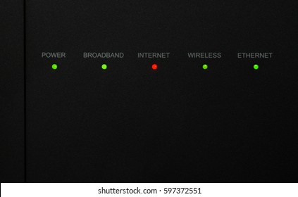 WREXHAM, UK - MARCH 03, 2017: Close Up Of Talktalk Modem Showing Red Light Indicating No Internet Available. Caused By Damage From Storm Doris. Green Lights Show Other Functions Working Correctly.