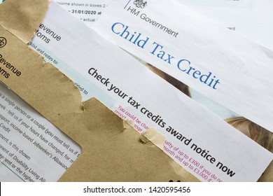 Wrexham, United Kingdom - June 10 2019: British Child Tax Credit Renewal Reminder For Government Social Security Benefits For People In Low Paid Employment Income With Children