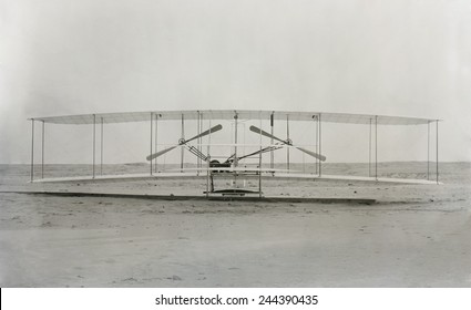 The Wright Brothers 'machine' the plane in which they made the first powered controlled flight in a heavier-than-air airplane on December 17 1903. - Shutterstock ID 244390435