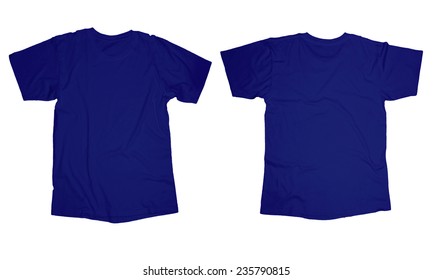 Wrinkled Blank Blue Shirt Template, Front And Back Design Isolated On White