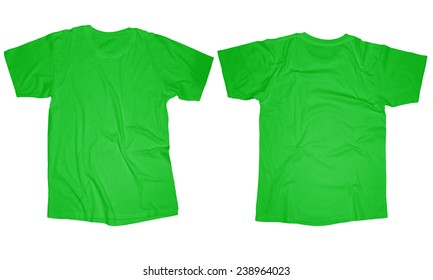 Wrinkled Blank Light Green T-shirt Template, Front And Back Design Isolated On White