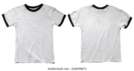 Wrinkled blank white ringer t-shirt template, front and back design isolated on white - Shutterstock ID 2246598671
