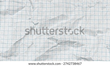 Wrinkled graph sheet with square cell pattern. Blue-tinted checkered texture ideal for educational projects, mathematical designs, and abstract copybook backgrounds.