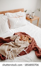 Wrinkled Sweaters On The White Bed In Bedroom With White Hangers. Getting Ready For Summer, Packing Winter Clothes Away