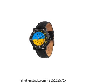 Wristwatch isolate on a white background. Sports wrist watch with a leather bracelet. Watches for scuba divers.