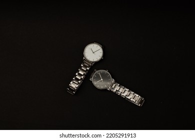 Wristwatch With Metal Strap On Black Background