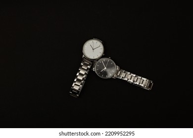 Wristwatch With Metal Strap On Black Background