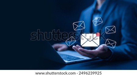 write text on the web, send an information message email from the laptop. business communication contact newsletter concept. marketing social media. icon new email, smart SMS mail on digital.
