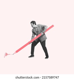 Writer, artist, creator. Young man holding huge drawn pencil and writing isolated on light background. Concept of art, creativity, retro style, surrealism. Copy space for ad. Contemporary art collage - Shutterstock ID 2157589747