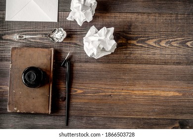 writier tools in profession concept on wooden background top view mock-up