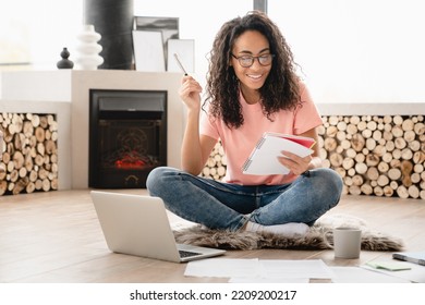 Writing Activity Concept. Dreamy Thoughtful Pensive Young Woman Author Student Doing Paperwork, Writing Poetry Novels At Home Using Laptop, Preparing For Test Exam