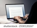 Writing blog or content. Writer with laptop computer. Typing letter, article, book, college essay, text document or cv. Business news report. Journalist or editor working. Student application.