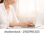 Writing Blog. Unrecognizable Woman Using Laptop Typing Article For Website Working In Office. Cropped