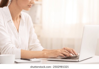 Writing Blog. Unrecognizable Woman Using Laptop Typing Article For Website Working In Office. Cropped - Powered by Shutterstock