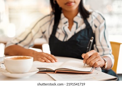 Writing, Coffee Shop Owner And Cafe Entrepreneur With Vision Ideas, Planning Innovation And Preparing Schedule Or Menu. Closeup Hands Of Restaurant Barista Using Notebook Or Book To Calculate