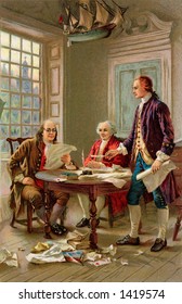 Writing the Declaration of Independence, 1776. Benjamin Franklin, John Adams and Thomas Jefferson review a draft of the Declaration of Independence, by J.L.G. Ferris. From a 1909 litho by Wolf & Co.