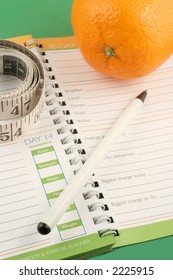 Writing In A Diet And Nutrition Journal With Orange To The Side