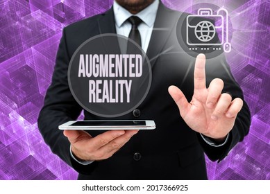 Writing displaying text Augmented Reality. Word Written on interactive experience of a realworld environment Man In Office Uniform Standing Pressing Virtual Button Holding Tablet.