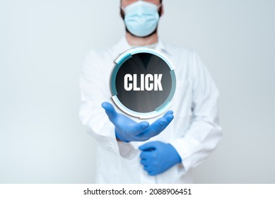 Writing Displaying Text Click. Business Overview Act Of Pressing A Button On A Mouse Similar Device Sharp Short Sound Doctor Explaining Medical Terms, Scientist Teaching Laboratory Safety