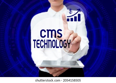 Writing displaying text Cms Technology. Business overview programs that are used to create and manage digital content Lady In Uniform Holding Phone Virtual Press Button Futuristic Technology.