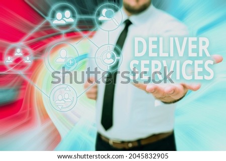 Writing displaying text Deliver Services. Business showcase the act of providing a delivery services to customers Gentelman Uniform Standing Holding New Futuristic Technologies.