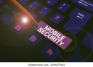 Writing displaying text Mobile Security. Business approach efforts to secure data on mobile devices such as smartphones