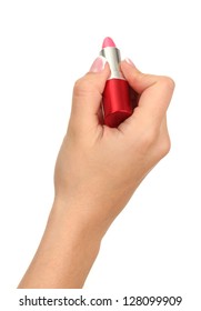 Writing hand with lipstick isolated on white