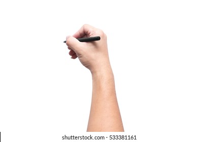 writing hand. male hand hold black pen write on the wall isolated on white with clipping path