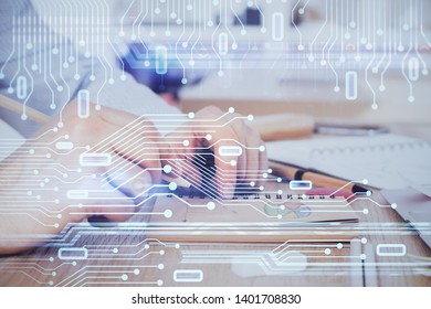 Writing human hands with data theme multi exposure icons.