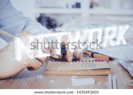 Writing human hands with data theme multi exposure icons.