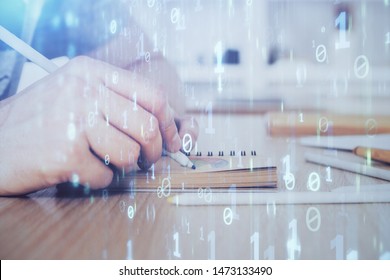 Writing human hands with tech theme multi exposure icons.