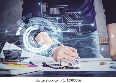 Writing Man hands with data theme multi exposure icons.