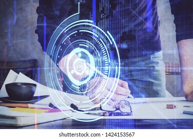 Writing Man hands with data theme multi exposure icons.