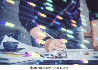 Writing Man hands with data theme multi exposure icons.