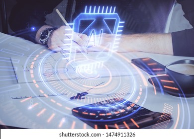 Writing Man hands with data theme multi exposure icons.