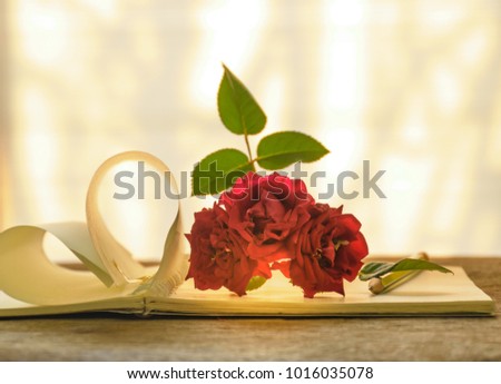 Writing note love, red rose and note and pencil on old wooden and sun lighting passed window in the morning, lovely and feeling warm heart, Valentine's day aconcept.