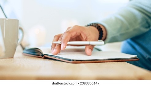 Writing, notebook and hands with pen for planning, diary entry and creative ideas on desk. Paper, books and closeup of person for journal, schedule and agenda or to do list, calendar and notes - Shutterstock ID 2383355149