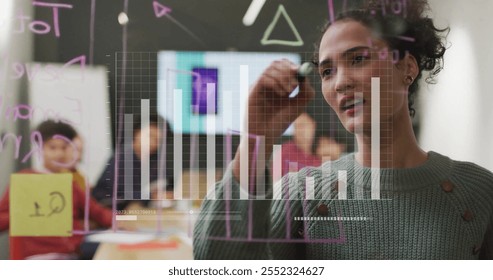 Writing on transparent board, woman with bar graph image over classroom background. Business, presentation, education, strategy, data, analytics