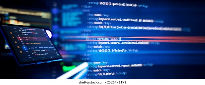 Writing programming code on laptop. Software source code. Programming code.